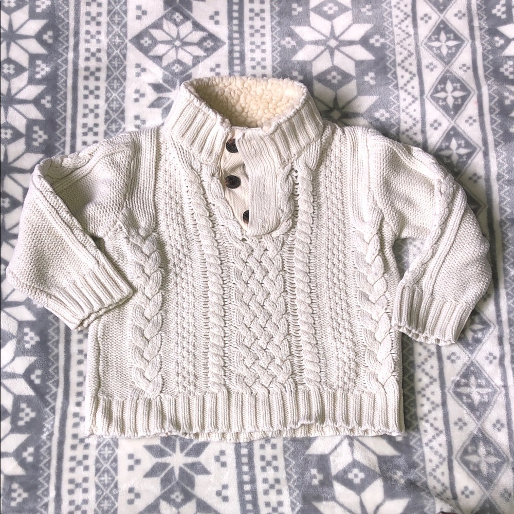 GAP Cream Cable-Knit Sweater with Faux-Sherpa Funnel Neck